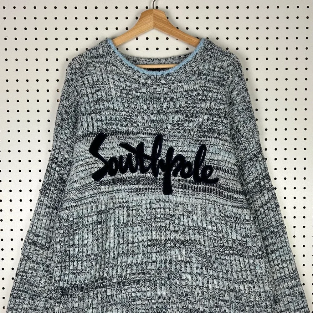 Southpole Y2K Mens XL Blue Grey Marl Script Logo Knit Sweater Chunky Skater 90s